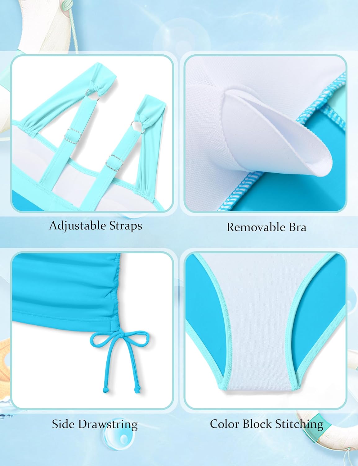 Queenstyle Teen Girls Tankini Swimsuit 2 Piece Bathing Suit Color-Block Drawstring Girls' Swimwear for 9-16 Years - Image 6