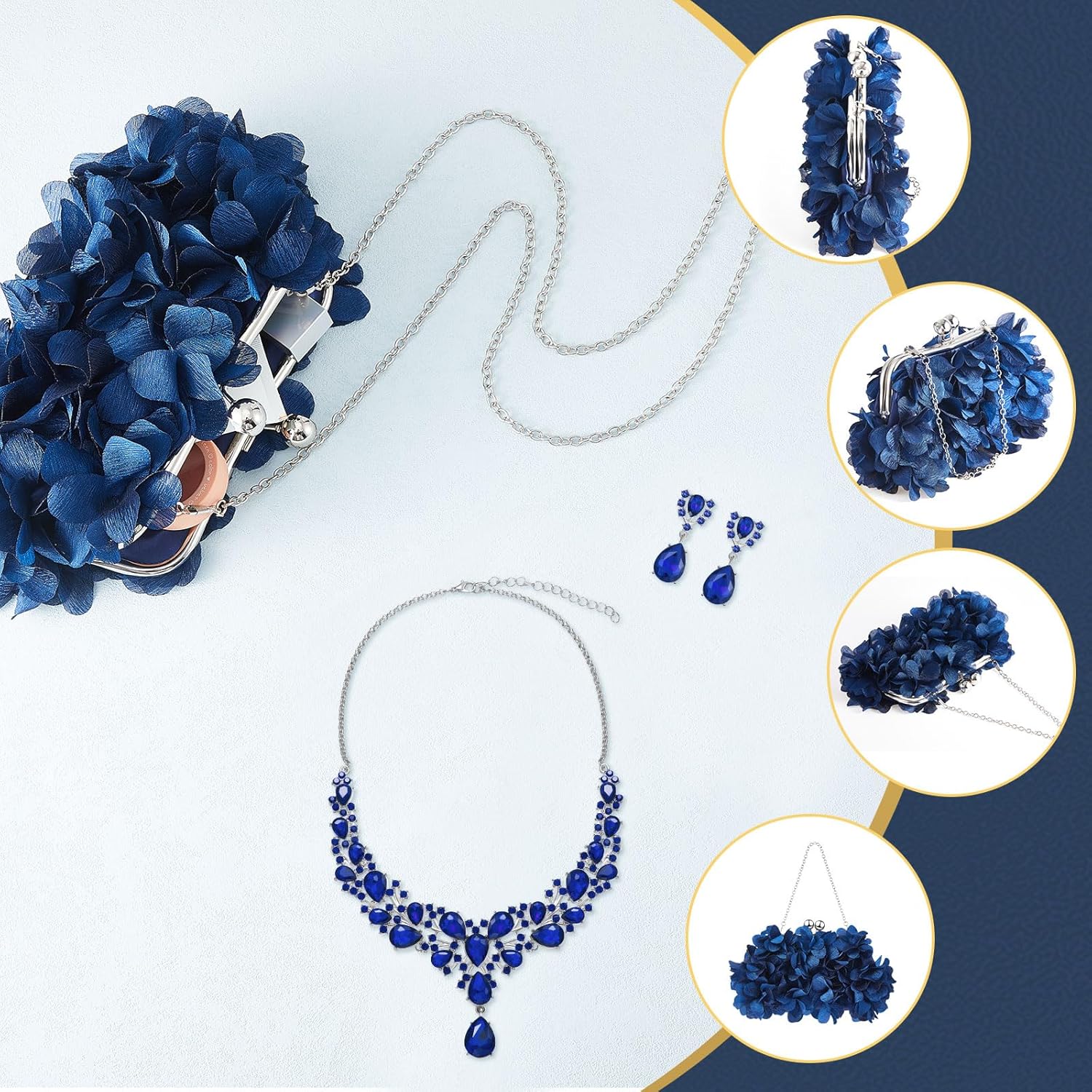 4 Pcs Flower Clutch Rhinestone Jewelry Set Rose Clutch Handbags with Detachable Strap Detachable Necklace Earrings Bracelets for Wedding Party Prom Valentine Gift - Image 3