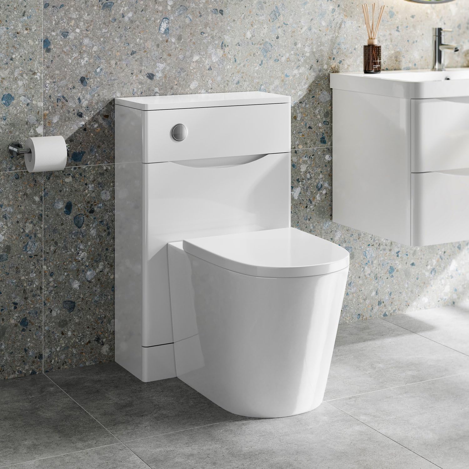 Baystone Smile 500mm Bathroom Back to Wall BTW Toilet WC Cloakroom Furniture Unit Pan Soft Close Seat, Dual Flush Cistern Freestanding Modern, Matt White