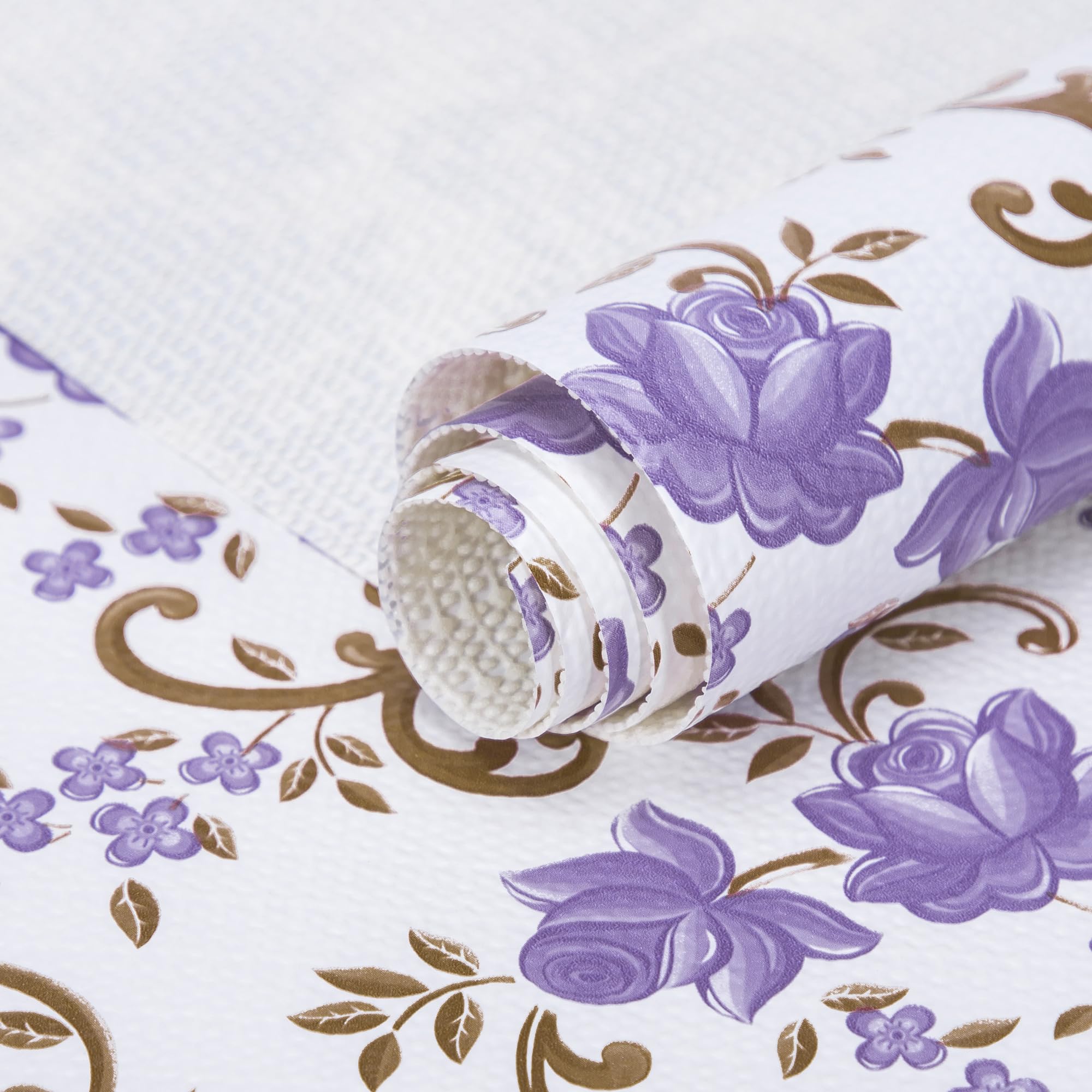 12X120 Inch Shelf Liner for Kitchen Cabinets, PVC Drawer Liner for Dresser Non-Slip Bathroom, Non-Adhesive Cabinet Liner Washable (Purple Floral)(3 rolls