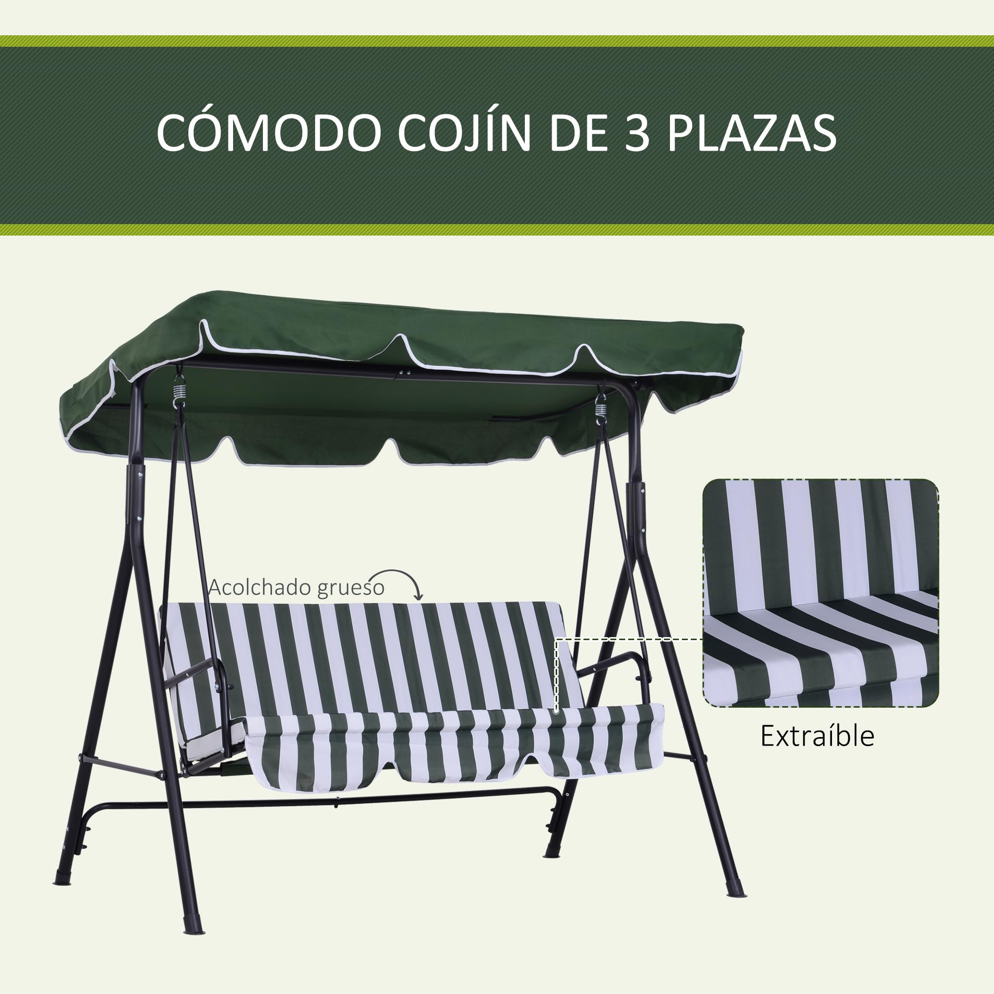 Outsunny Columpio de Jardín Exterior de 3 Plazas, Balancín de Jardín Exterior con Techo Ajustable y Marco de Acero, para Balcón, Terraza, Patio, Carga 200 kg, 172x110x153 cm, Verde