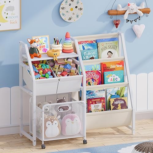Miniatura 7 de Estantería para niños y organizador de almacenamiento de juguetes, estante de 3 niveles para habitaciones de niños con cajón móvil, estantería para