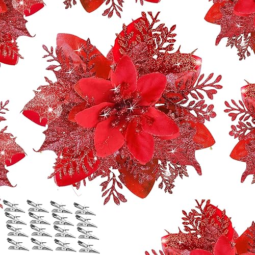 Spakfest 16 flores de Pascua artificiales de Navidad, decoración de flores de árbol de Navidad, decoración de Navidad con purpurina, adornos rojos disponible en Yaxa Colombia