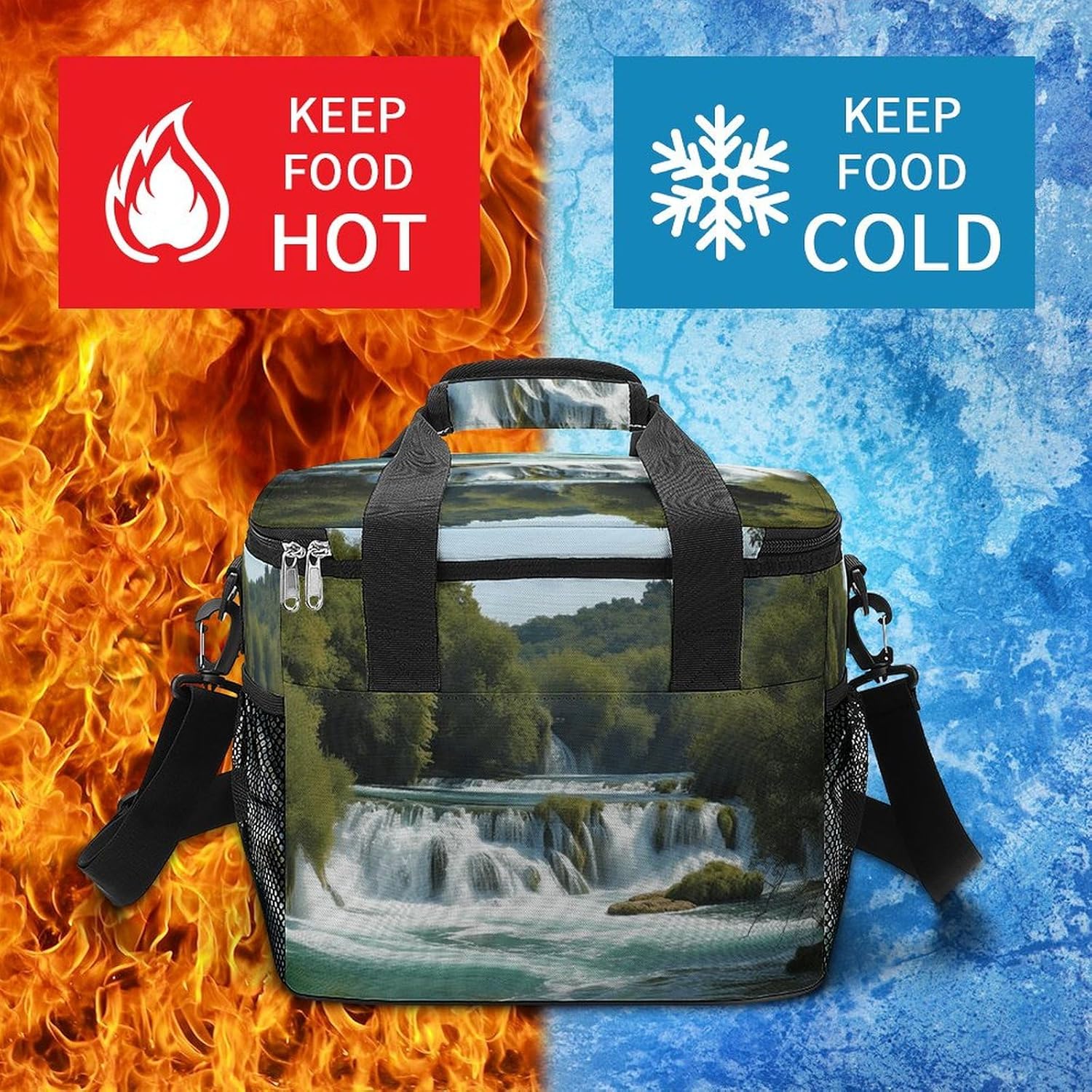 Camping Ice Pack, Waterfalls on Krka River Print Cooler Bag, 22.5L Large Capacity Insulated Lunch Tote Bag for Outdoor, Picnic, BBQ, Travel, Work