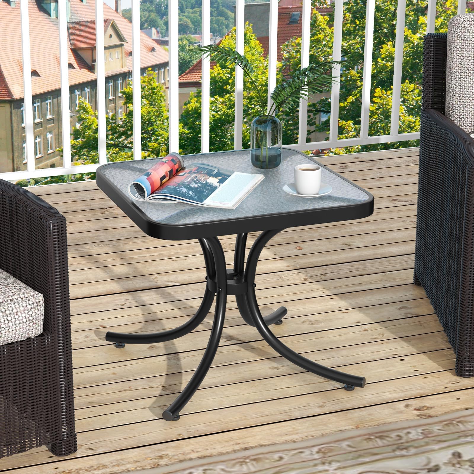 RELAX4LIFE Tavolo da Giardino, Tavolino da Balcone in Vetro Temperato senza Foro Ombrellone, Struttura in Metallo Resistente, Design con Effetto Onde, per Esterno e Interno (50×50×45cm, Quadrato)