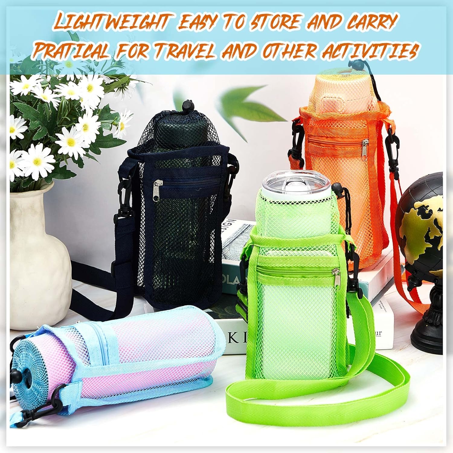Berlune Water Bottle Holder with Strap Drawstring Water Bottle Carrier with Zipper Pocket Adjustable Shoulder Mesh Sling Bag for Hiking Walking Camping Travel