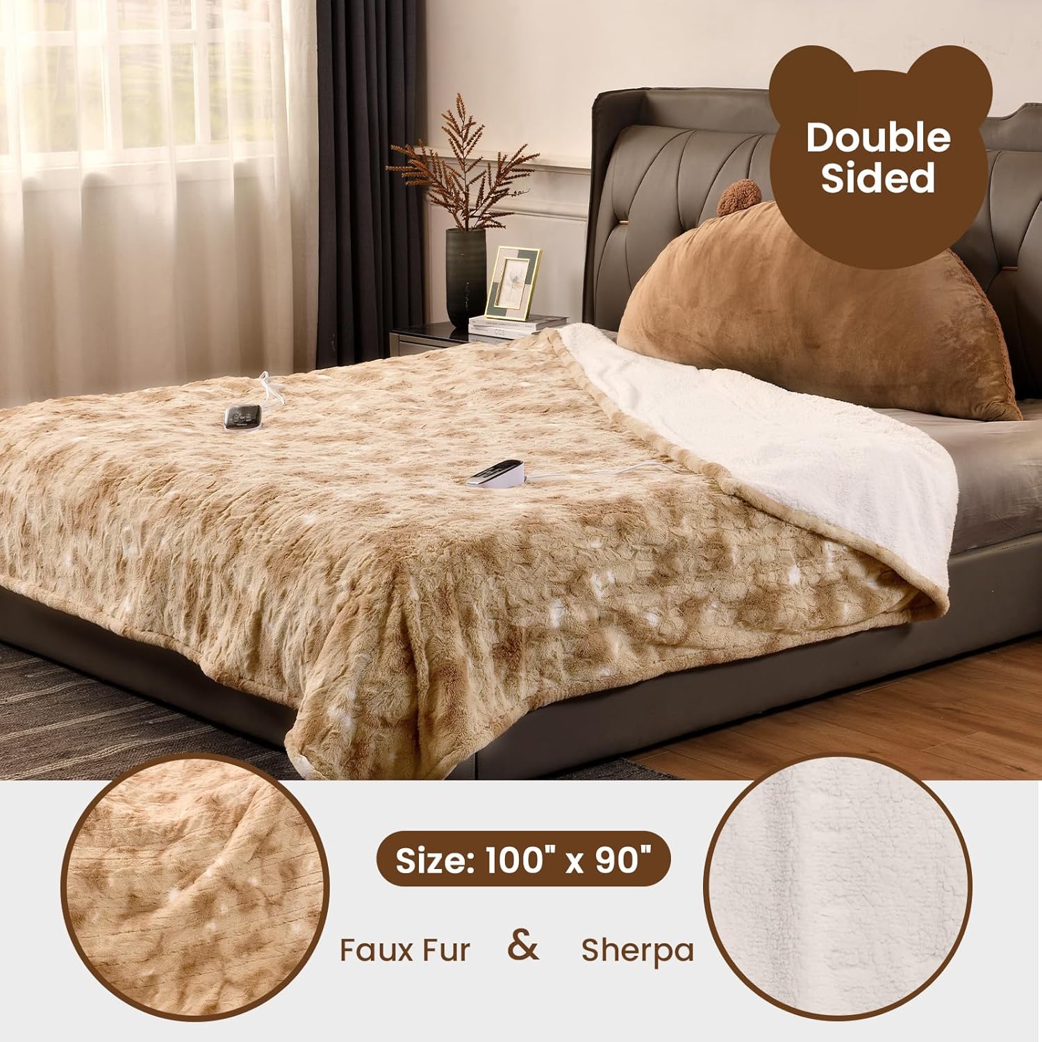 Bearhug Electric Blanket King Size 100" x 90", Dual Controller Heated Blanket, Faux Fur/Sherpa 10-Heating Level & 1-12H Auto Off, Champagne, Over-Heat Protect, ETL, Machine Washable - Image 2