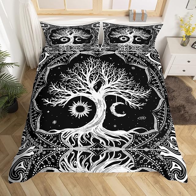 Loussiesd Life Tree Bedding Set for Girls Boys Children Sun and Moon Boho Comforter Cover Bohemian Duvet Cover Galaxy Astrology Bedspread Cover Psychedelic Hippie Single Size 2Pcs