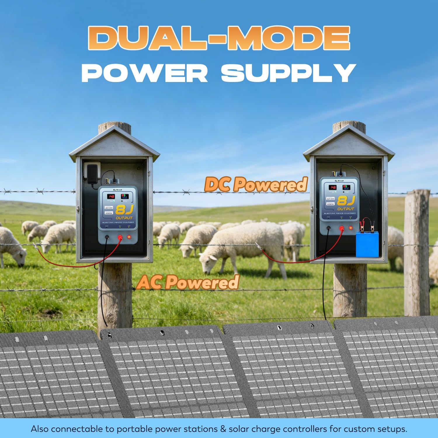 CGOLDENWALL 8J Elettrificatore per Recinzioni da Pascolo, AC/DC Alimentazione, 2 in 1 7-13KV regolabile, Allarme, IP45 Impermeabile, 40KM Portata per Cavalli, Pollame, Ranch, Giardino (8J)
