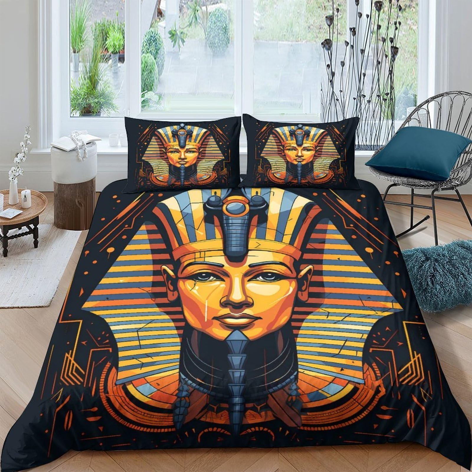 Ctjqhvkz Style-7 3D Printed Pharaoh Egyptian Fitted Sheet Microfiber Black Gold Ancient King Mattress Cover Bedroom Decor Single（135X200cm）