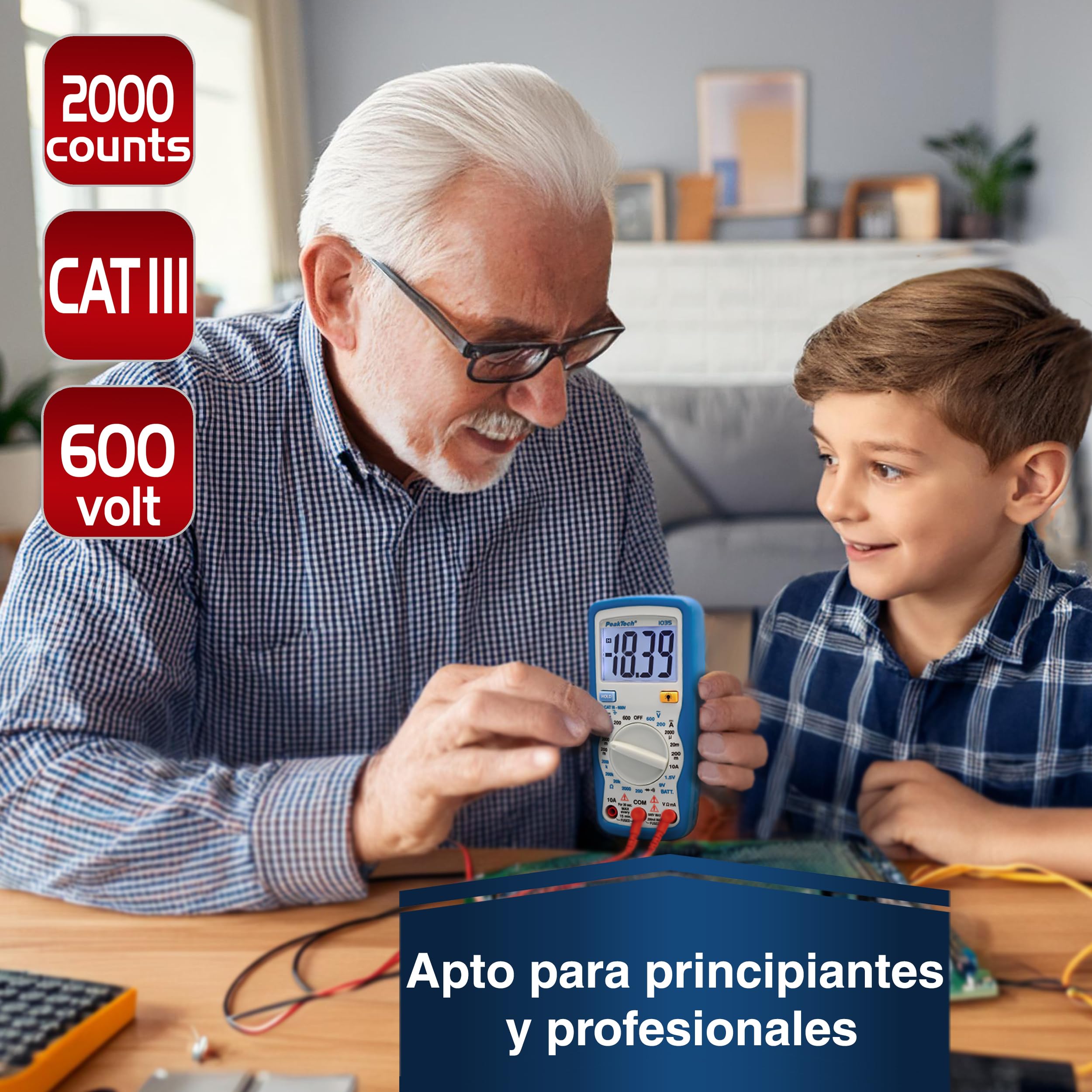 PeakTech 1035 – Multímetro digital CAT III con pantalla, probador de batería, multímetro de mano, dispositivo de medición, voltímetro, medición de corriente, probador de continuidad - máx.600 V