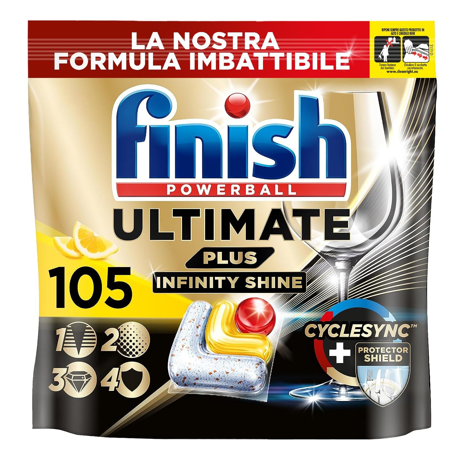 Finish Ultimate Plus Infinity Shine Dishwasher Tablets with Lemon, 105 Capsules with Protective Shield Against Dirt and Crusted Residues