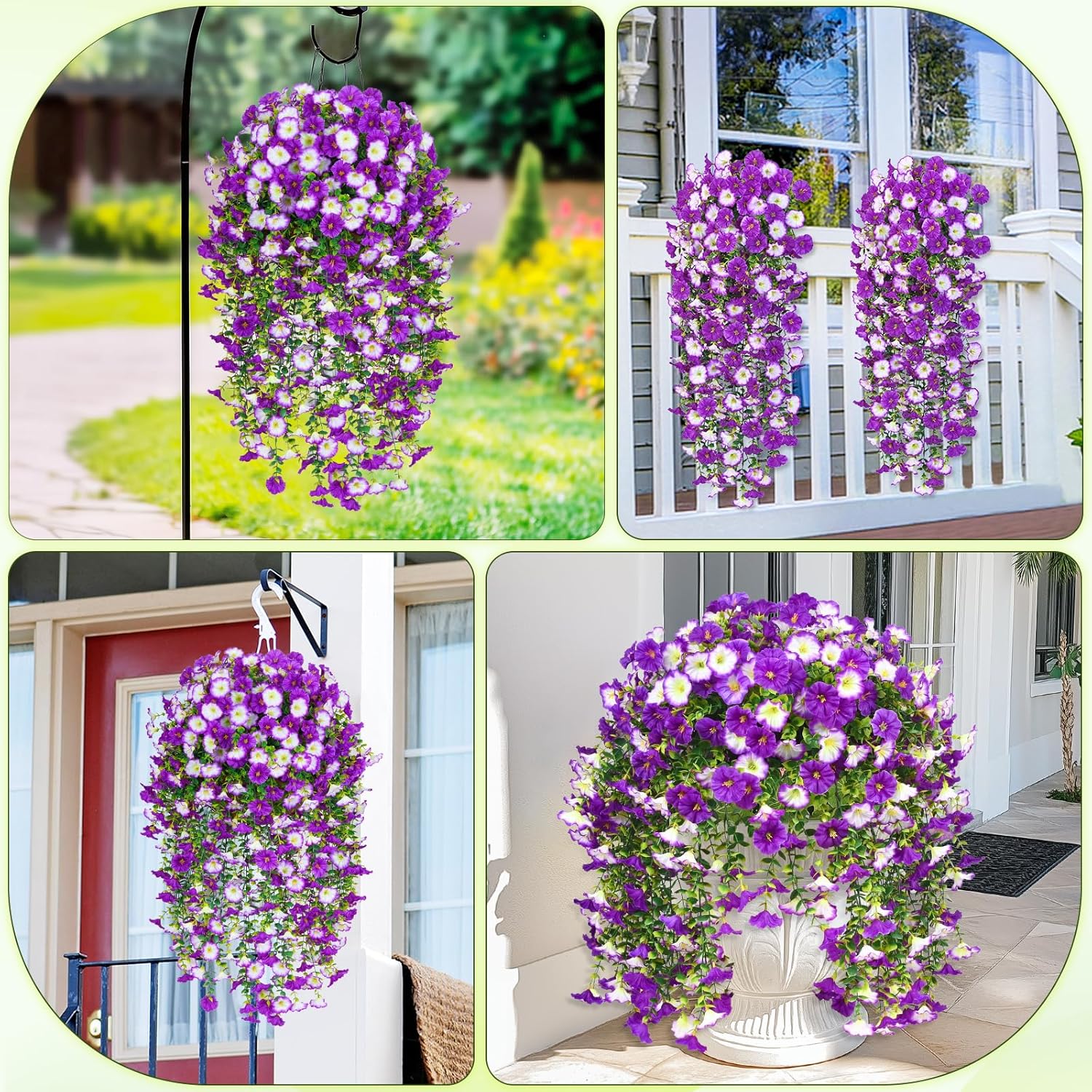 Dolicer 4 Packs Look Real Artificial Flowers for Outdoors, Fake Artificial Hanging Flowers for Outdoors Realistic UV Resistant Hanging Flowers Silk Petunia Faux Flowers for Porch Patio (Mixed Purple) - Image 7