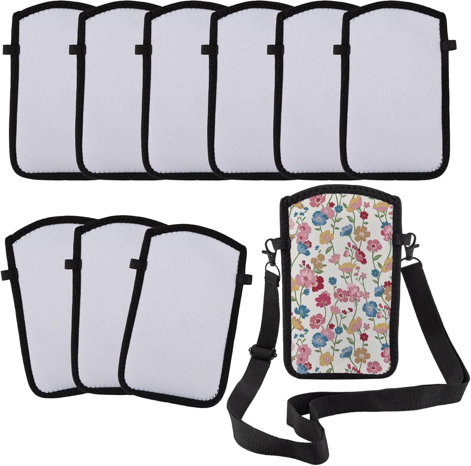 10 Pack Sublimation Blank Phone Pouch Bag Case Double Sided with Adjustable Cross Body Strap Neck for Travel Gym Walk (White & Black)