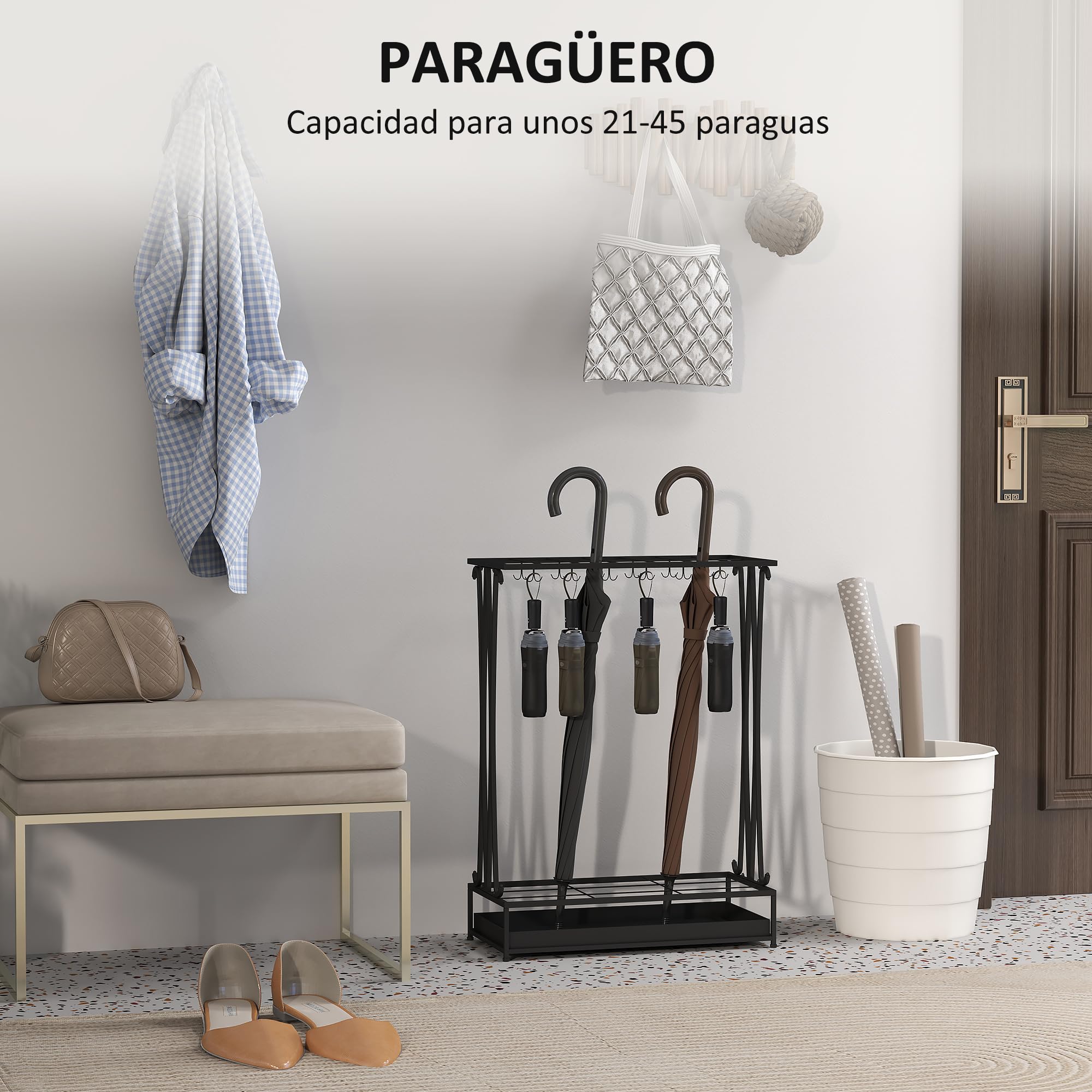 HOMCOM Paragüero Moderno Rectangular Soporte Paraguas Acero 24 Ganchos 21 Espacios Bandeja Recogegotas Extraíble 50x24x68 cm Negro