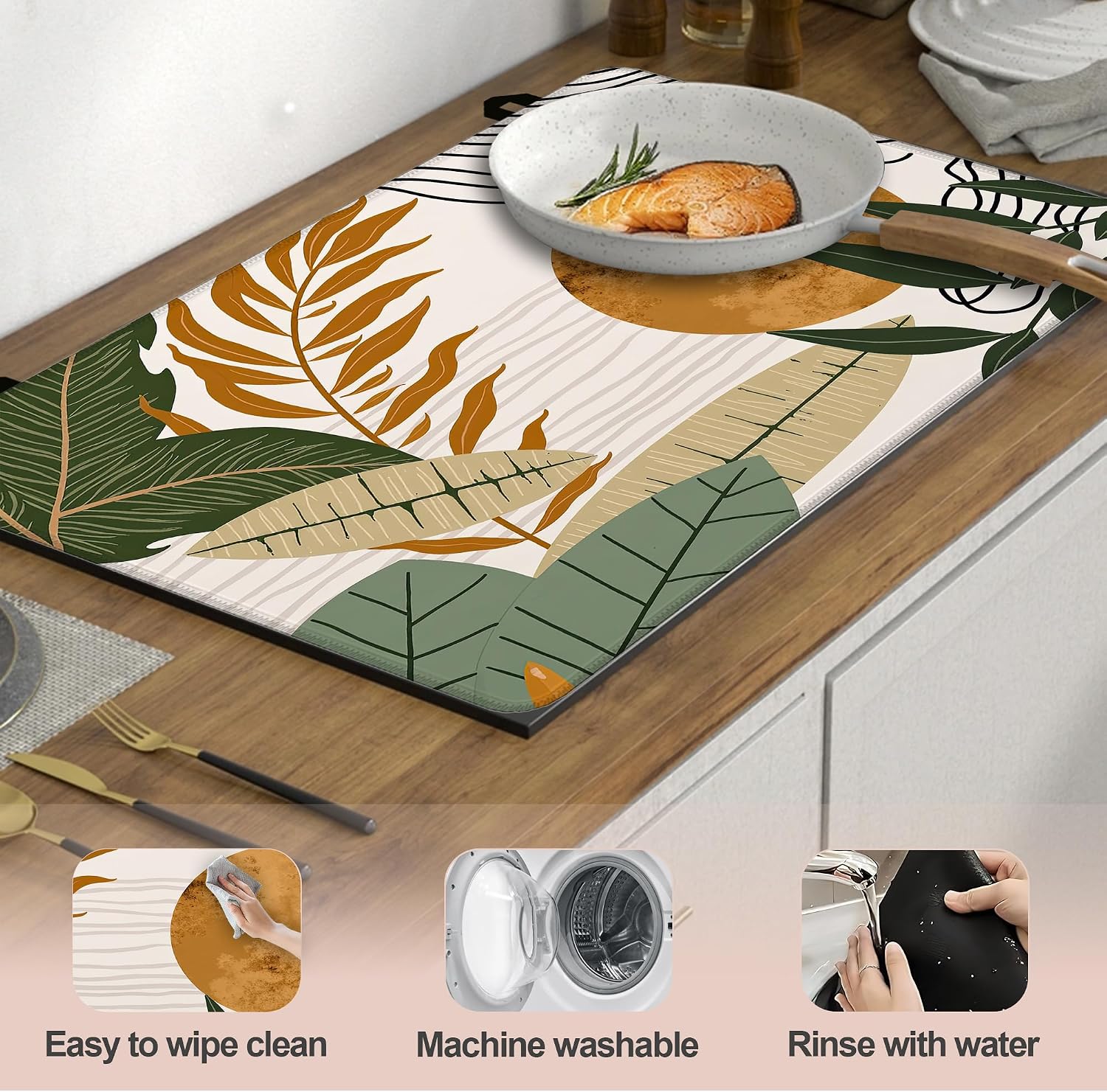 Boho Leaves Stove Top Covers Pad 28 x 20 inches Dish Drying Mat Coffee Bar Mats Kitchen Decor Absorbent Pad Fit Coffee Maker Machine Dish Drying