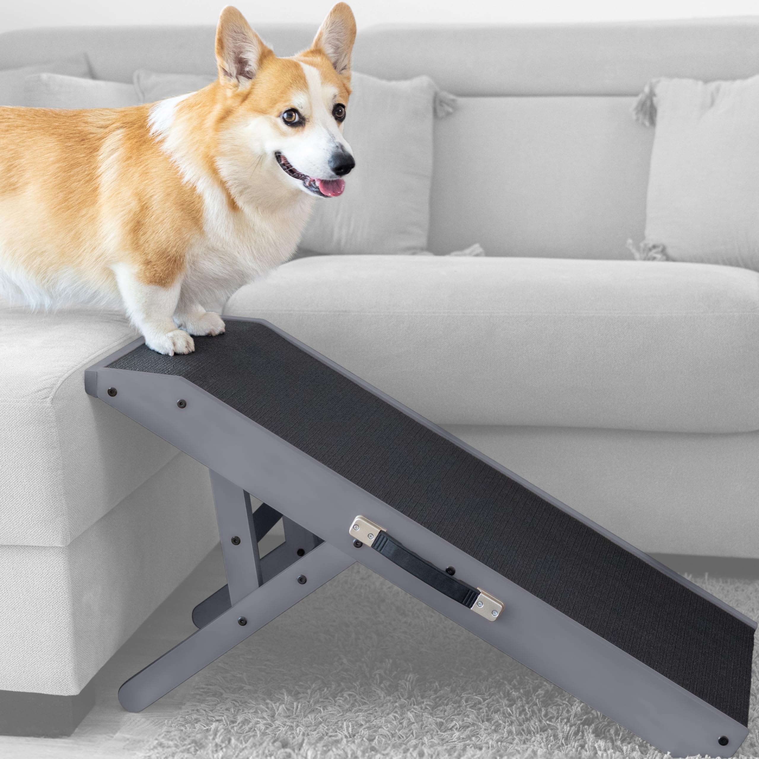 dog ramp for couch – non-slip, sturdy build foldable dog ramp – supports up to 200lbs – adjustable 7'' to 20'' – landing platform seamlessly connects – birchwood pet ramp for small dogs – gray