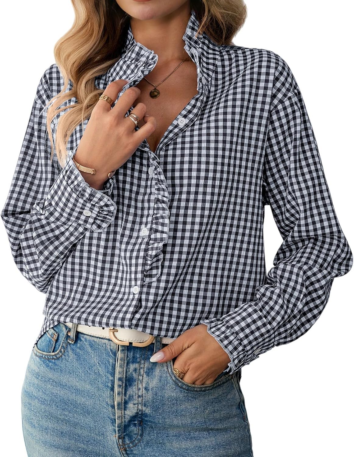 Womens Plaid Ruffle V Neck Button Down Shirt Long Sleeve Gingham Trendy Blouse Business Workwear Checkered Tops