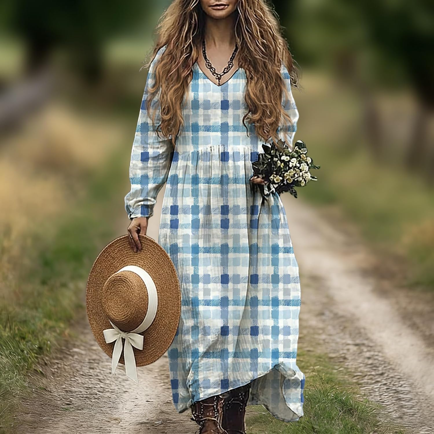 Boho Floral Maxi Dress for Women Light Blue Red Rose Print Long Sleeve V-Neck Loose Sundress Spring Dresses - Image 2