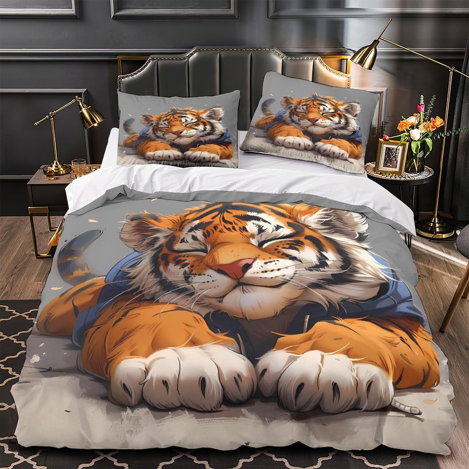 MMDASBVPE Cute Tiger Sleeping Quilt Cover 3D Print Hypoallergenic 3PCs Bed Linen Hidden Zipper Comforter Cover Luxury Breathable for Adults Teens Women Kids Girls Boys Youth Single（135x200cm）