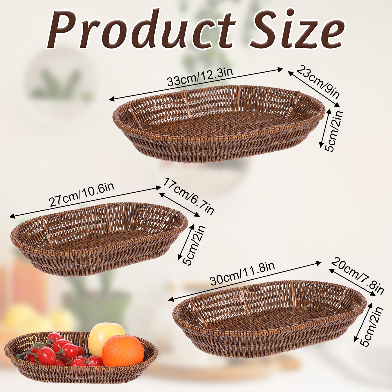 Wicker Baskets, 3 Pack Handwoven Bread Baskets for Serving, Fruit Vegetables Sundries Storage Basket, Rustic Sundries Storage, Tabletop Storage Bins for Decorative Home Restaurant Bakery