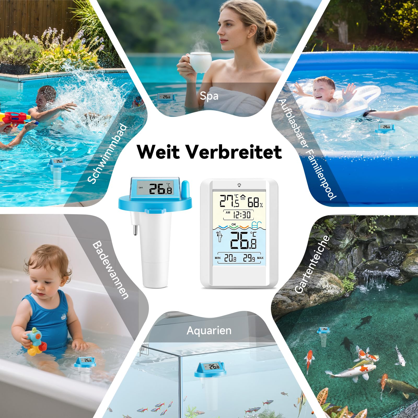 Warmfay Termometro digitale per piscina, funzionamento a energia solare e batteria, IP68, impermeabile con ricevitore fino a 70 m, termometro radio per piscina, vasca da bagno, stagno spa