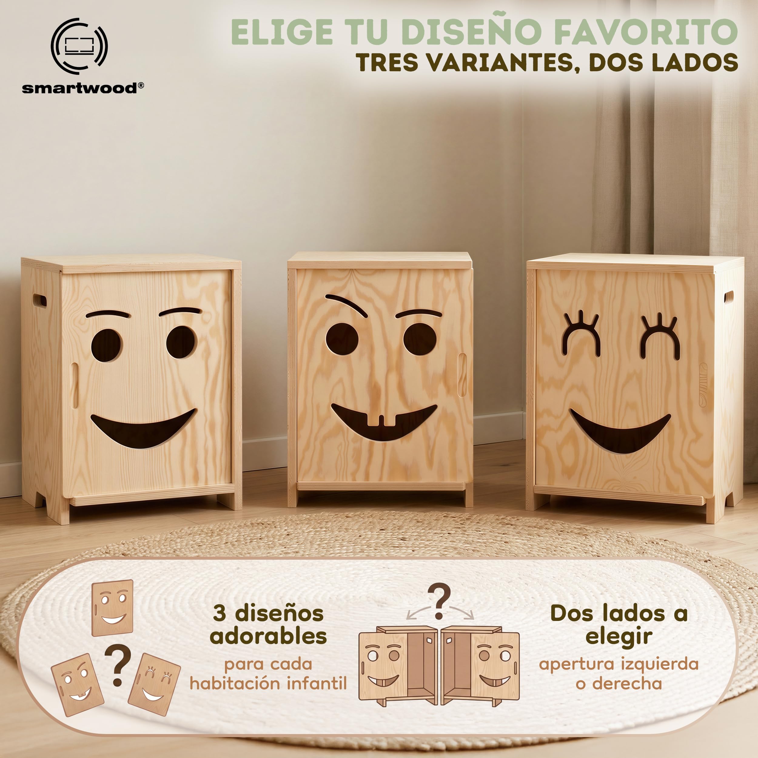 smartwood Mesita de Noche Infantil - Mesilla Montessori de Madera Contrachapada de Pino Certificada FSC - Diseño Apto para Niños, Estructura Estable y Montaje Fácil - KAPI 3P