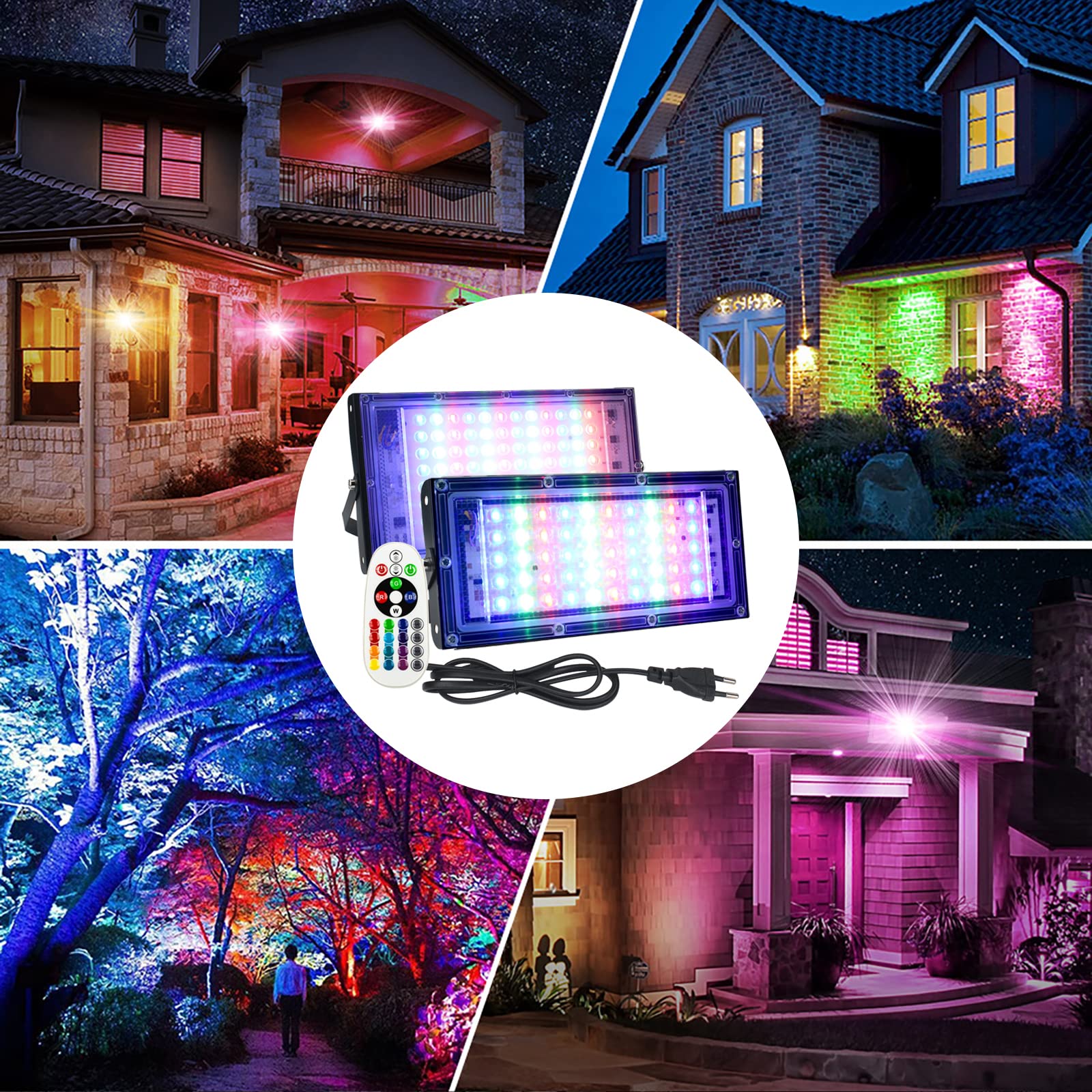 Projecteur LED Couleur 50W,2pcs Projecteur LED RGB Exterieur P65 Etanche avec Télécommande pour Jardin, terrasse, l'éclairage Interieur