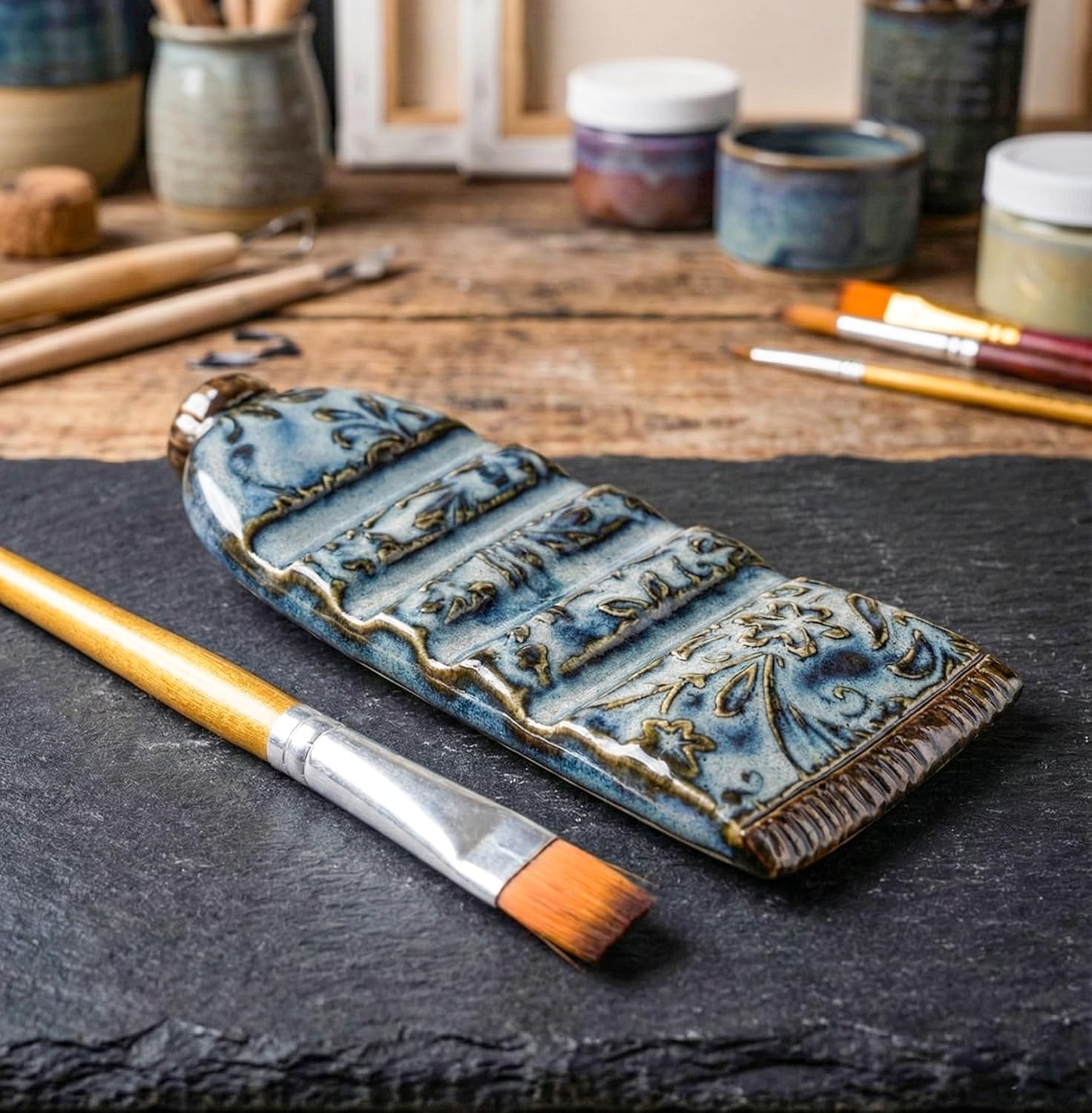 Handmade Ceramic Brush Rest Paint Tube Design with Floral Accents, Blue Stoneware Brush Holder for Watercolor, Calligraphy & Art Studio Decor