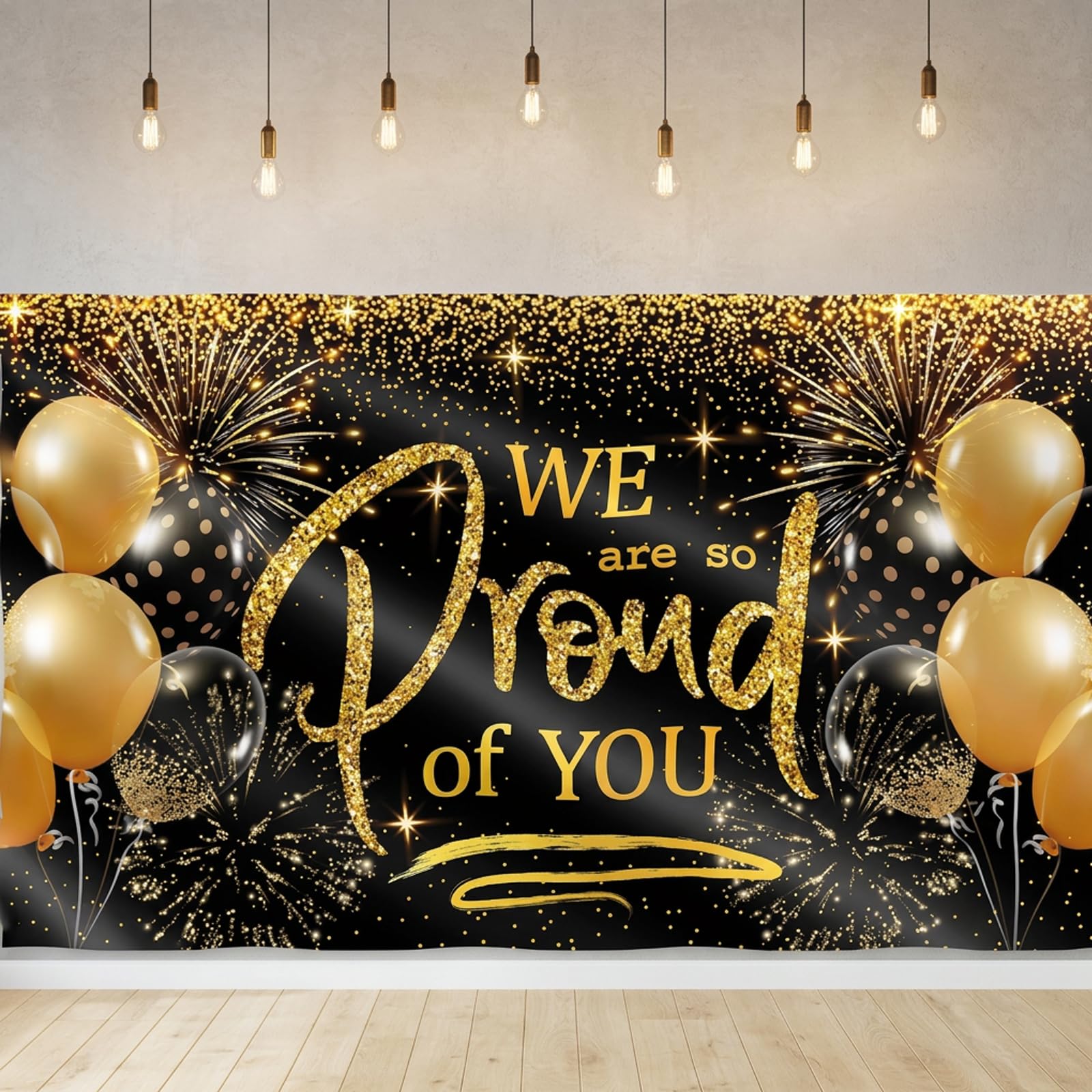 Graduation Banner, We Are So Proud of You Banner Decorations, Graduation Party Decorations with Congratulations, Last Day of School Banner Display, 180 x 110 cm Black and Gold