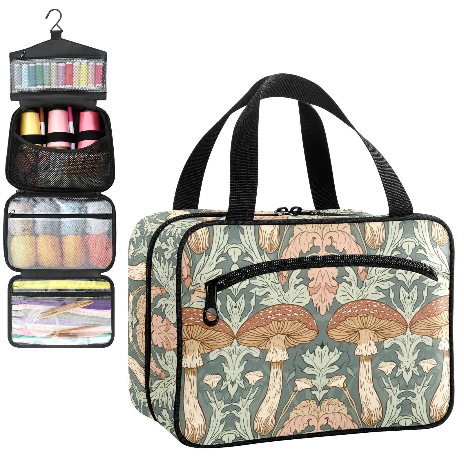 YNNALE Sewing Supply Organizer Bag, Sage Green Mushroom Floral Portable Sewing Bags with Pockets&Hanger, Sewing Storage Box Case for Sew Supplies/Kit/Tools/Accessories (BAG ONLY)
