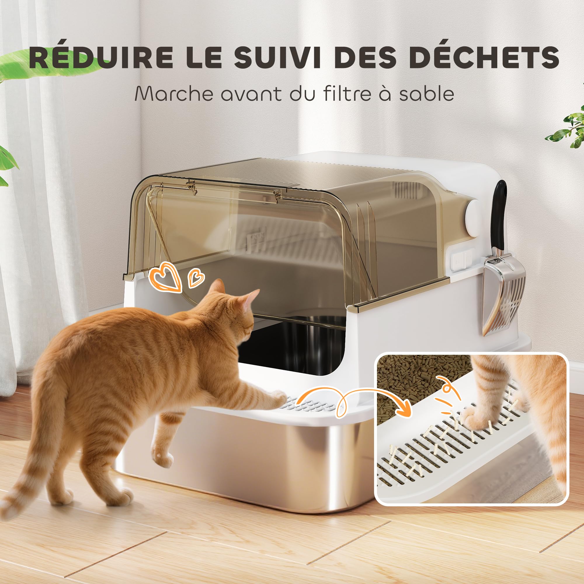 PawHut Bac à litière pour Chat fermé avec Pelle 70 x 50 x 46,5 cm Blanc | Maison de Toilette pour Chat, Acier Inoxydable, Couvercle Ouvrable, Anti-Fuite, Nettoyage Facile
