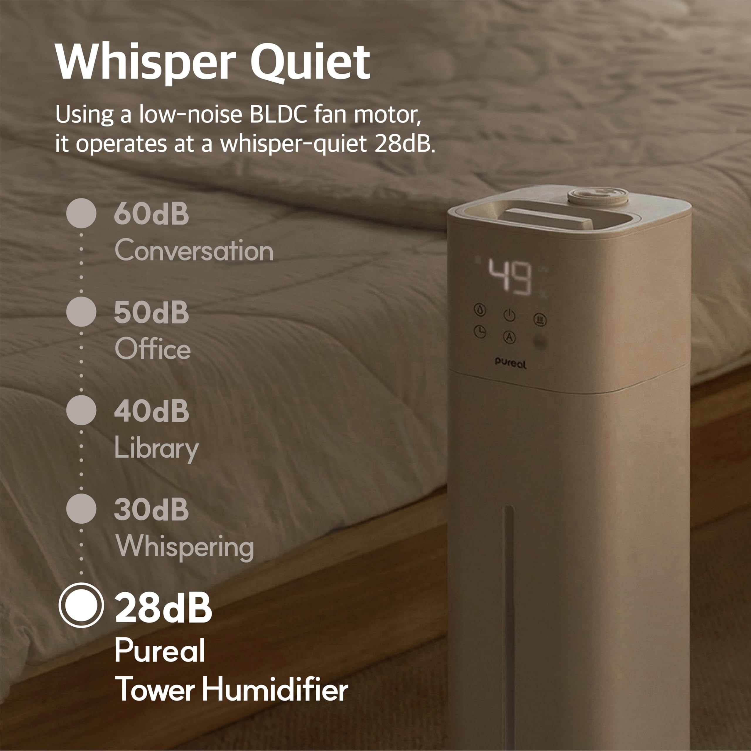 Pureal Humidificador de torre, 2.6 galones (10 L) sobre ruedas, niebla cálida y fría de 3 etapas, dura 83 horas, habitación grande con luz ambiental, ajuste de humedad, temporizador de 12 horas