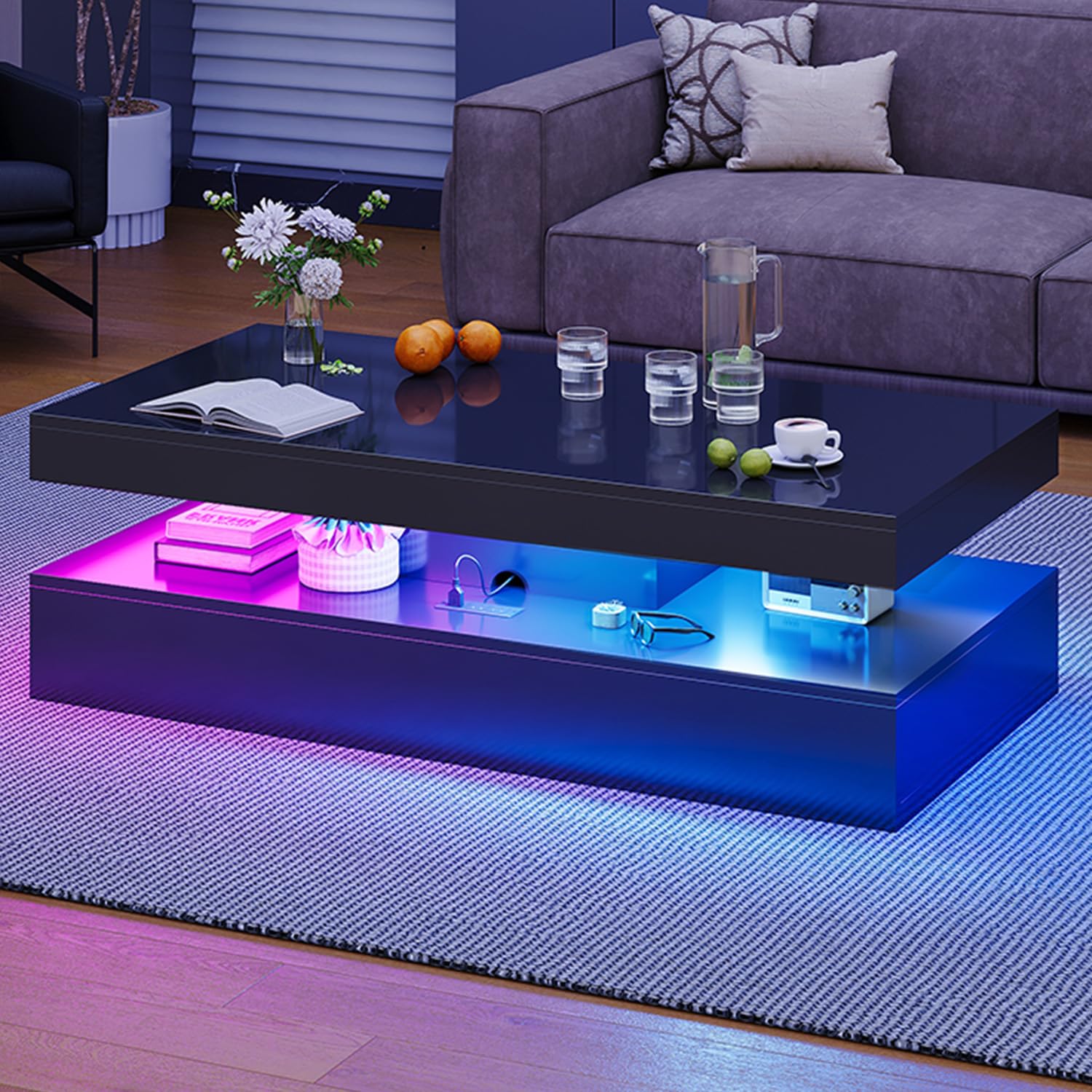 Nordivale Modern Coffee Table with LED Lights, 2 Drawer Storage, Wooden Coffee Table with Charging Station, USB Ports & Power Outlet, Rectangle Coffee End Table for Home, Office & Living Room - Black — image 1