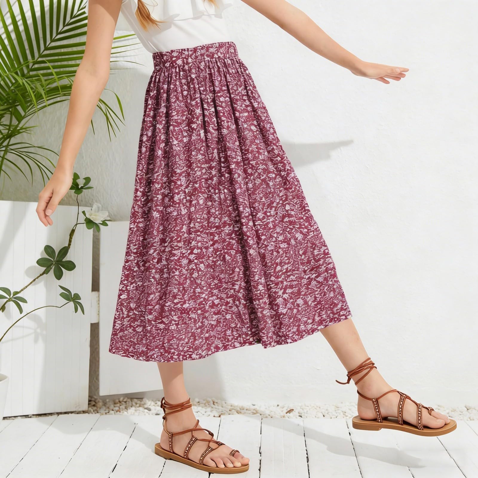 Röcke für Mädchen, Frühjahr und Summer Langer Faltenrock mit Blumenmuster Einfach Schick Strandrock A-Linie Rock Leichte Freizeitrock Elastischer Bund Maxirock Bequem Atmungsaktivem Sommerrock