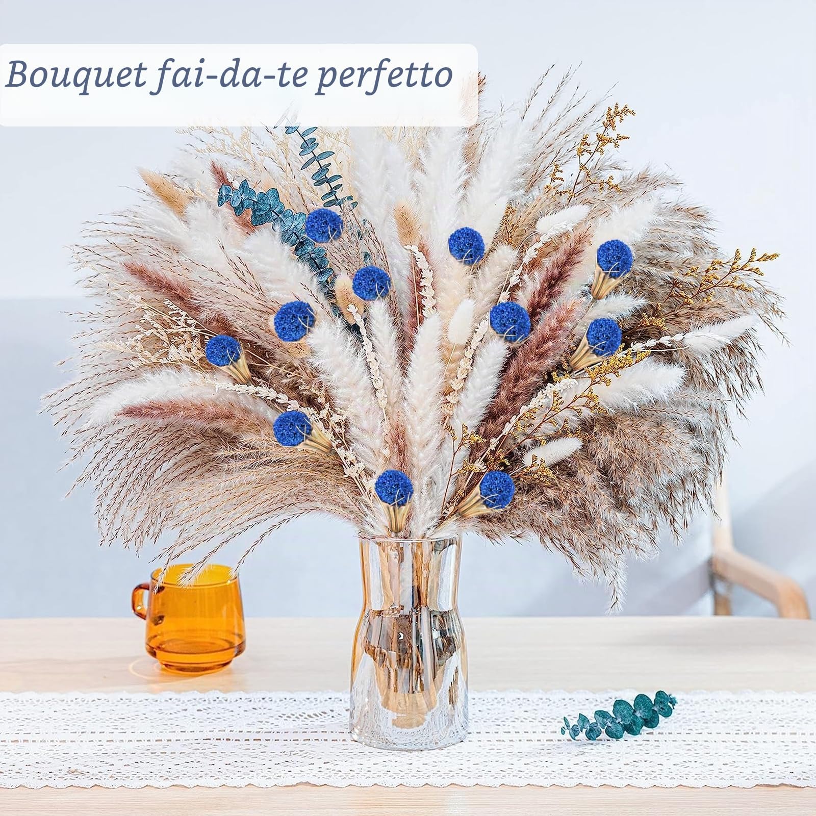 Bouquet di 40 fiori di cardo essiccati blu naturale, piante secche alla rinfusa, pianta a bottone, 43 cm, composizioni floreali fai da te per casa, stile bohémien, cucina, tavolo, vaso per matrimoni