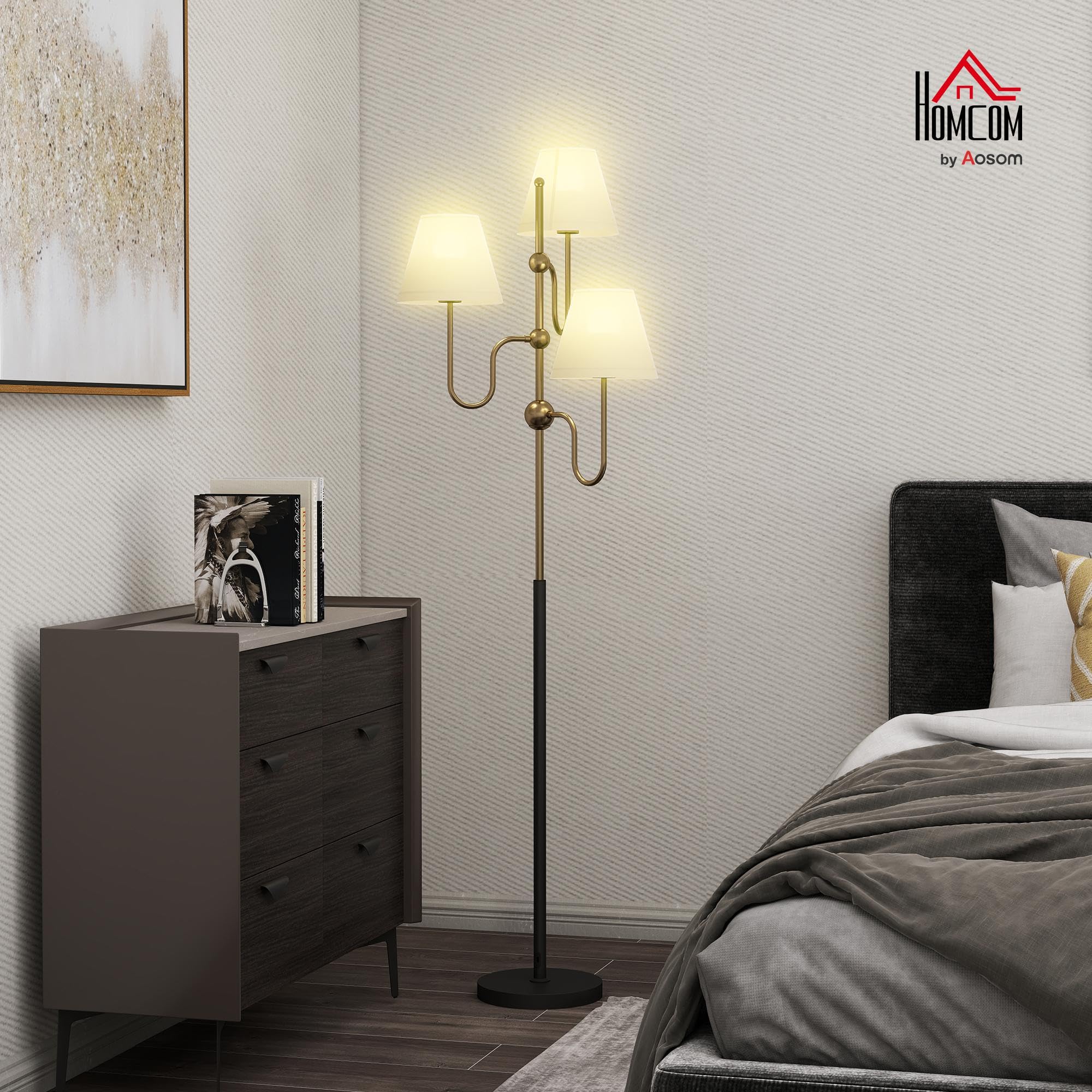 HOMCOM Lampada da Terra Alta 165 cm 3 Luci Attacco E27 Max 40W Color Oro | Lampada da Pavimento, Interruttore a Pedale, per Camera e Ufficio
