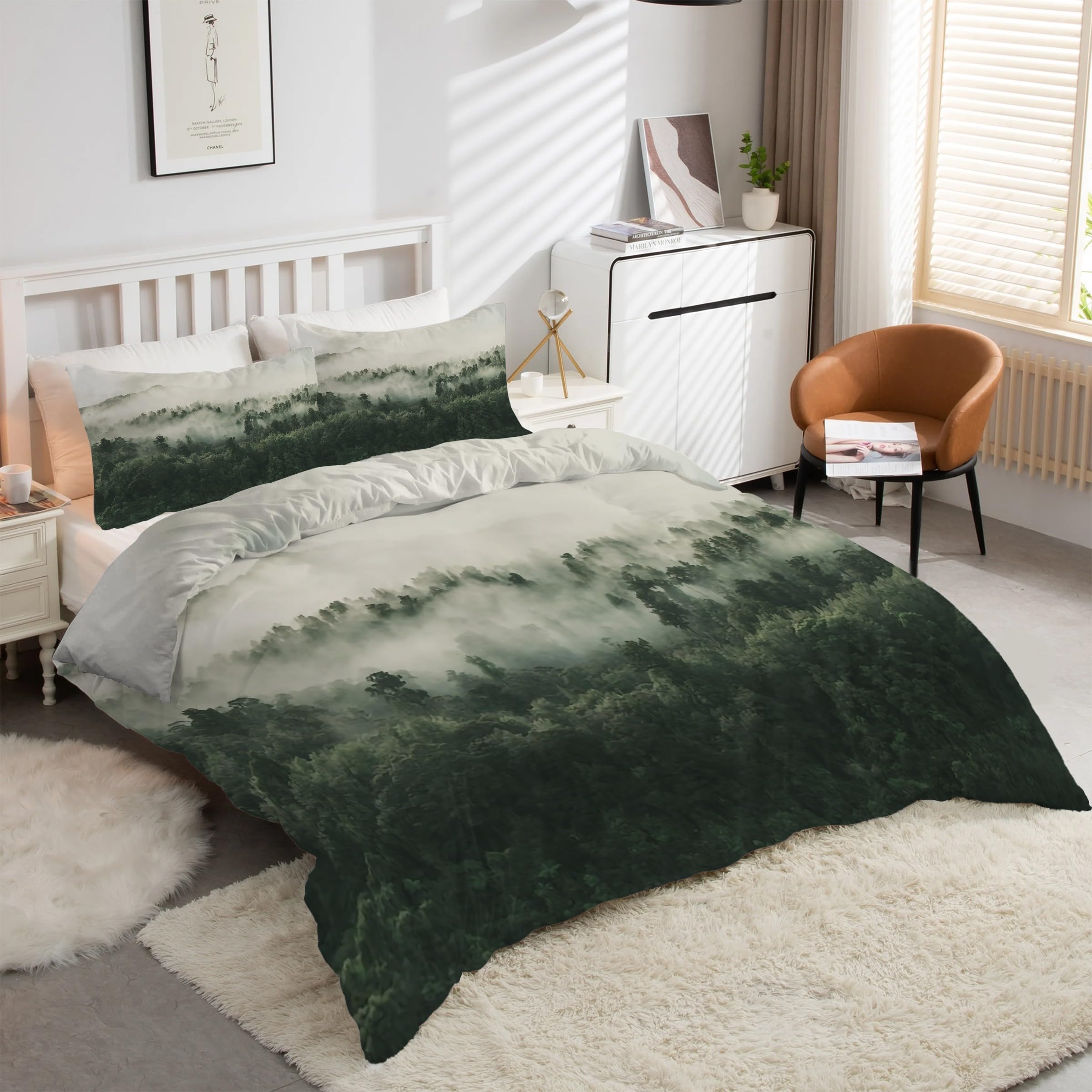 Housse de couette 160x200 forêt vert parure de lit 3 pièces microfibre douce