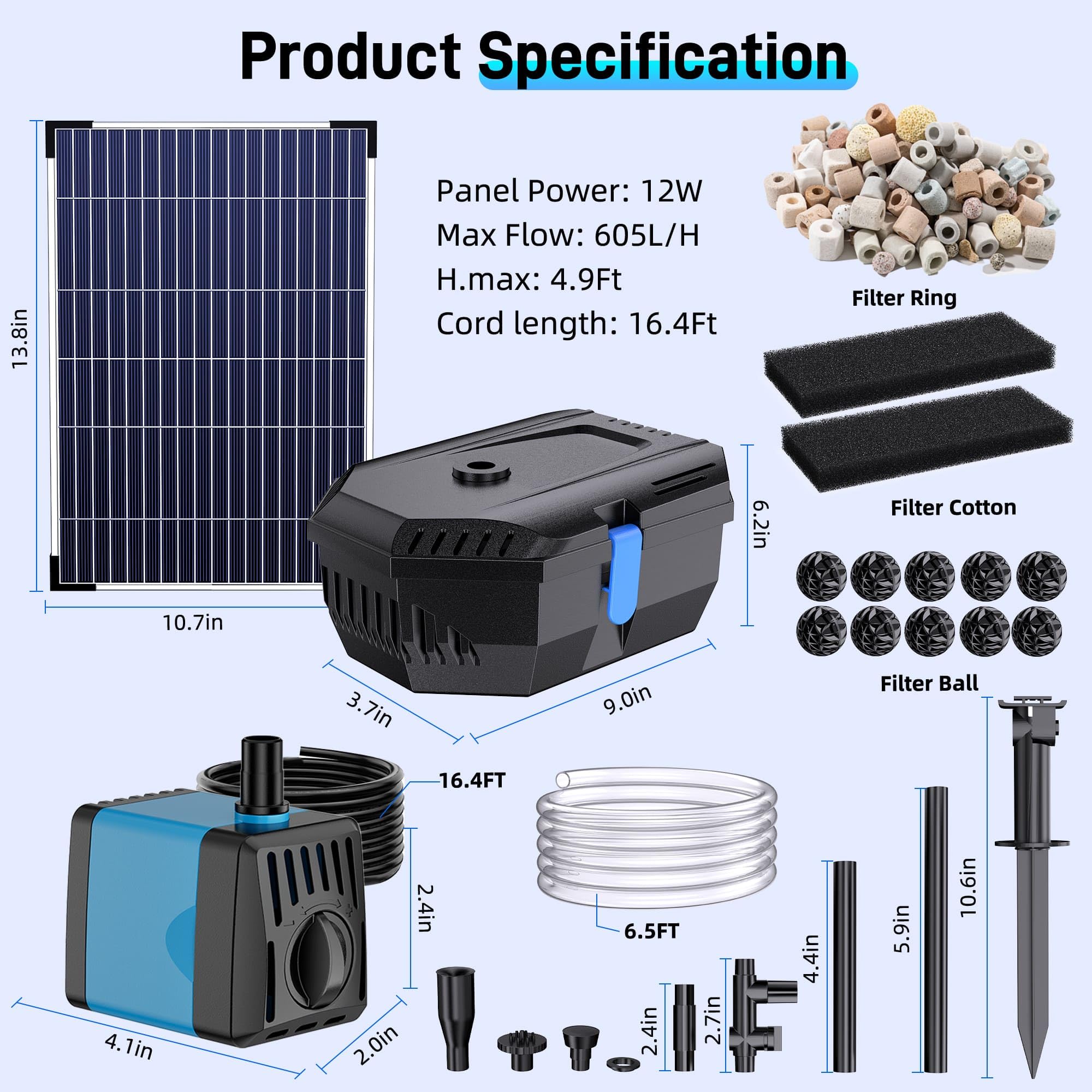 Biling Solarny filtr do stawu 12 W z 4 dyszami – pompa solarna do oczka wodnego z bio-filtrem do stawów do 800 l – bezprzewodowa fontanna solarna do użytku na zewnątrz, do ogrodu, na balkon, mały staw