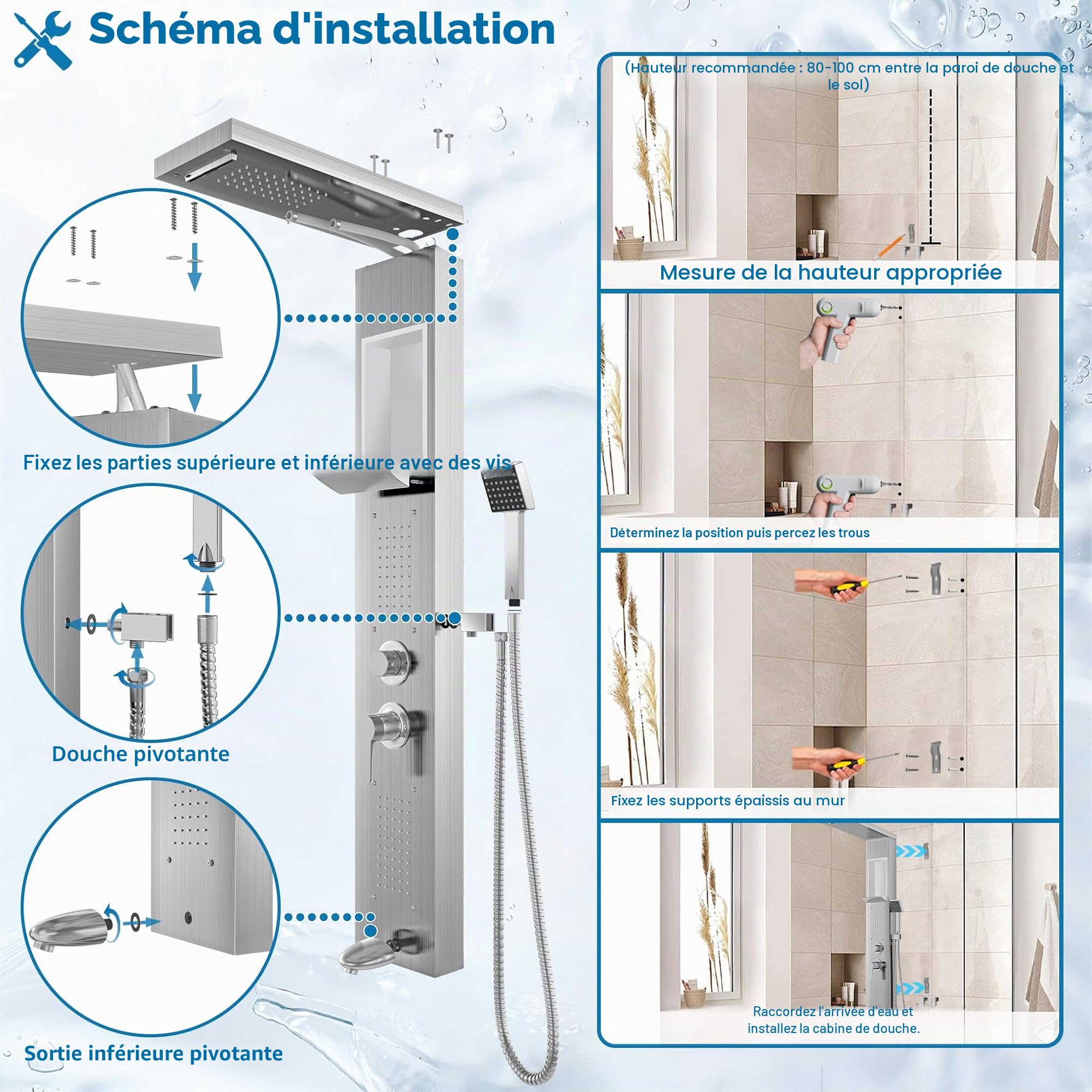 Aufun Panneau de douche en acier inoxydable avec étagère et robinet, colonne de douche 5 fonctions, pluie et brouillard, 4 jets de massage grand angle réglables, douchette et bec de baignoire cascade