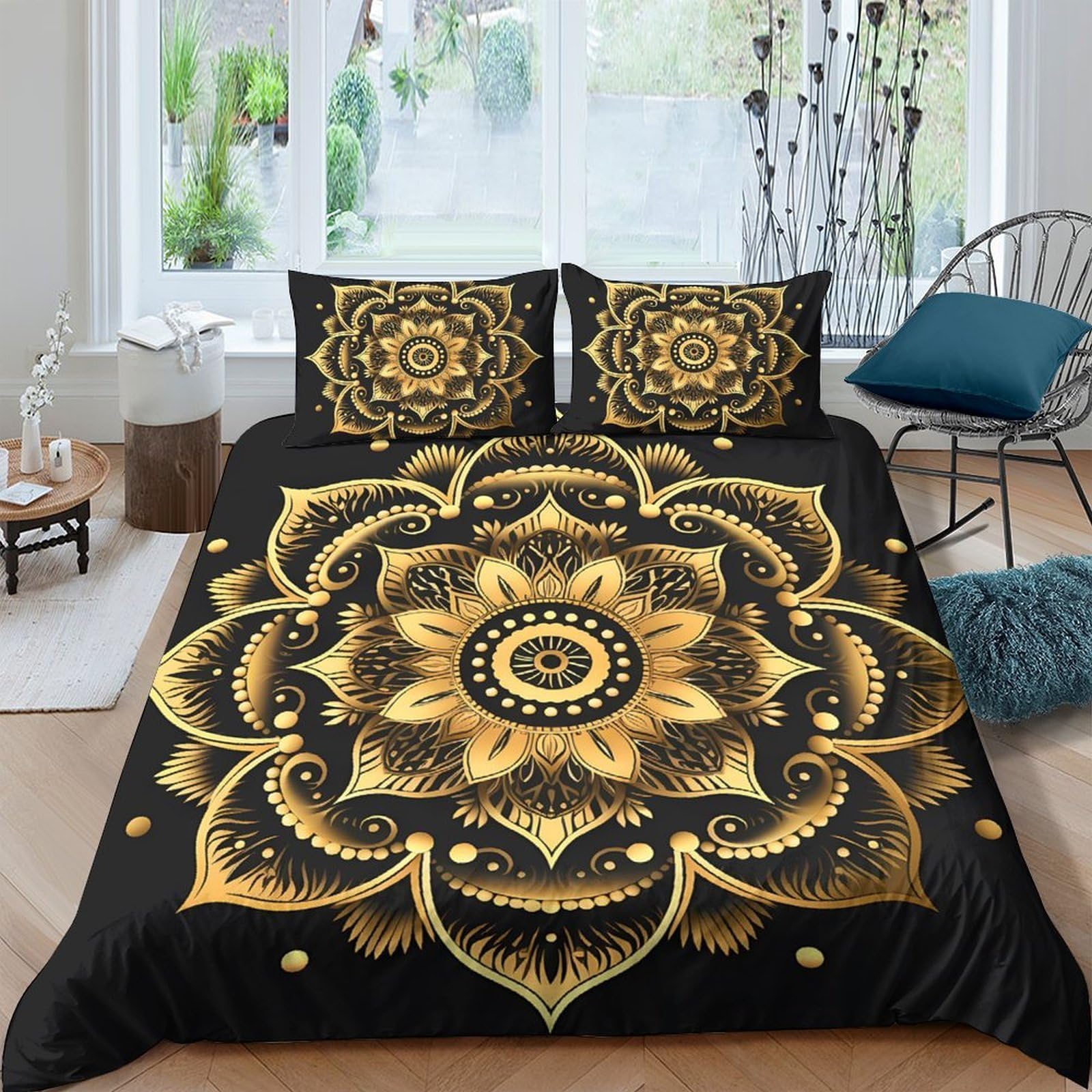 GPLZQXKJNH 3D Printed Mandala Sunflower Duvet Cover Set Microfiber Gold Black Bedding Set with 2 Pillowcases for Bedroom Decor Single（135x200cm）