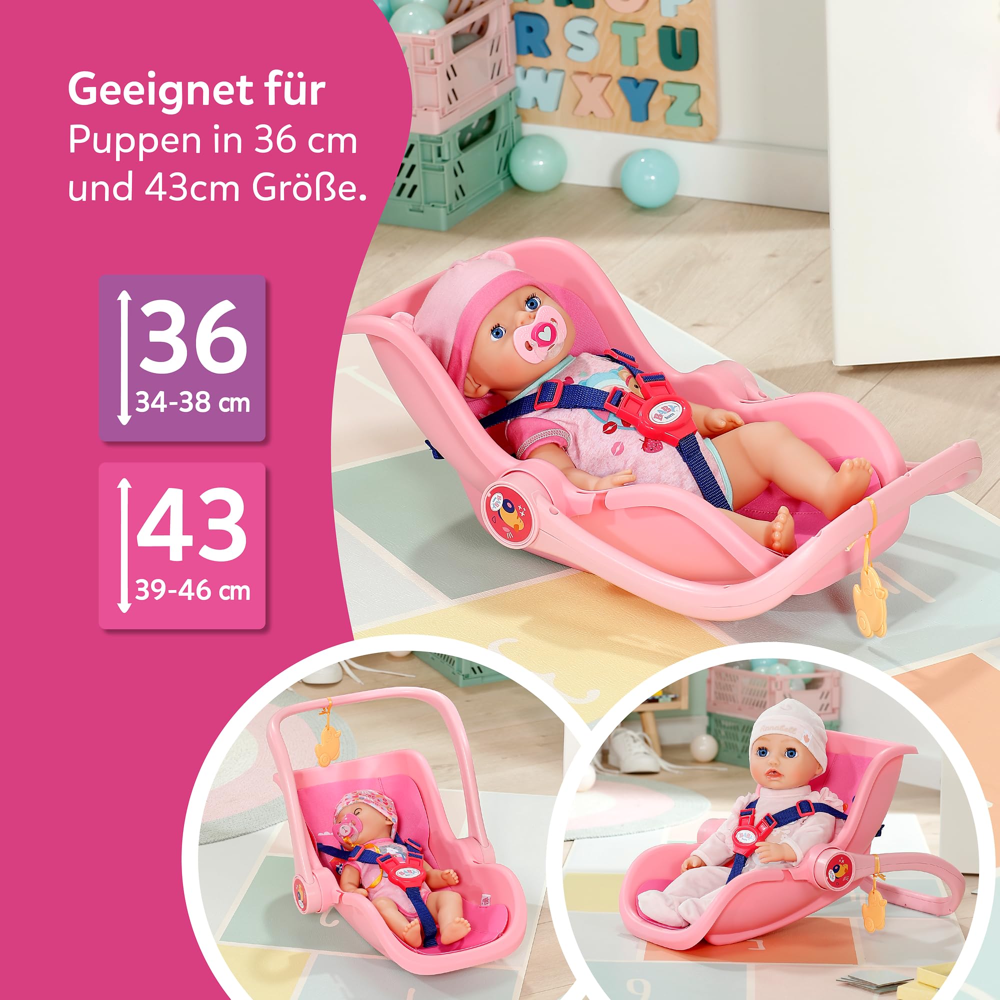 BABY born Babyschale Pink, Puppen-Babyschale mit Tragegriff, Sicherheitsgurt und Anhänger