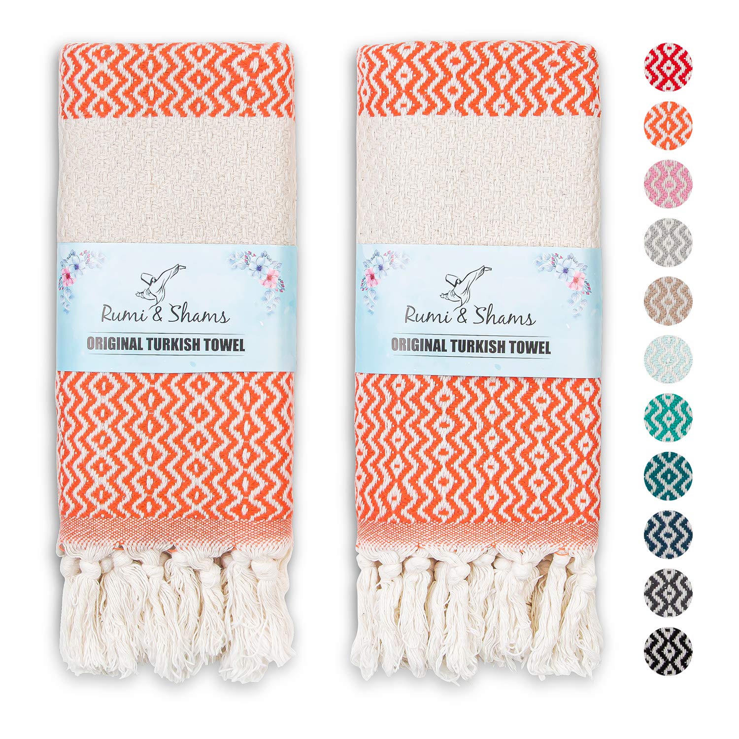 Rumi & Shams Turkish Bath Towels | 2 pcs | 100% Cotton | 16x35 Orange Boho Towels | Oeko-Tex Certified