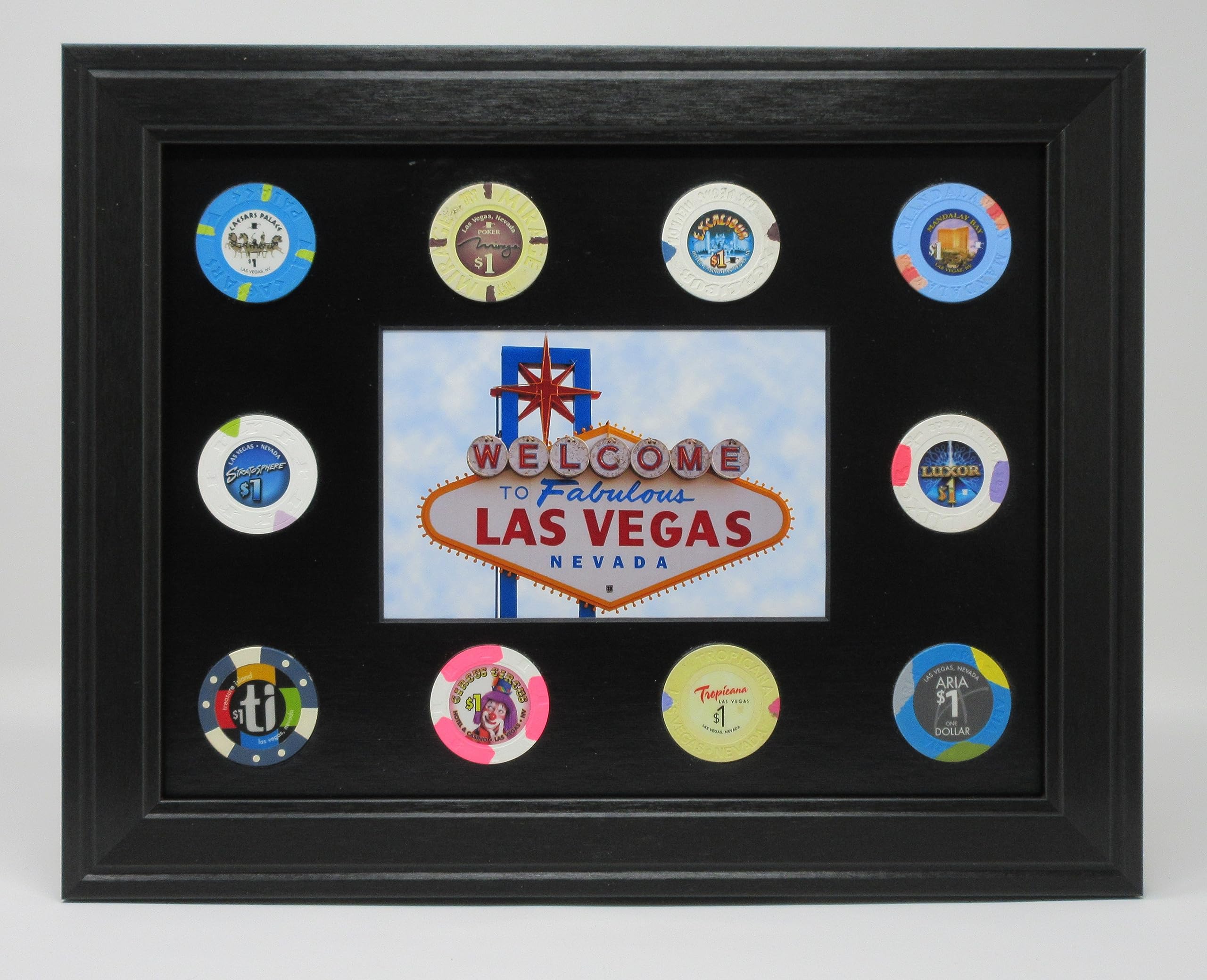 Las Vegas Sign Photo and 10 Real Casino Poker Chips Wall Display Picture Frame Made in USA
