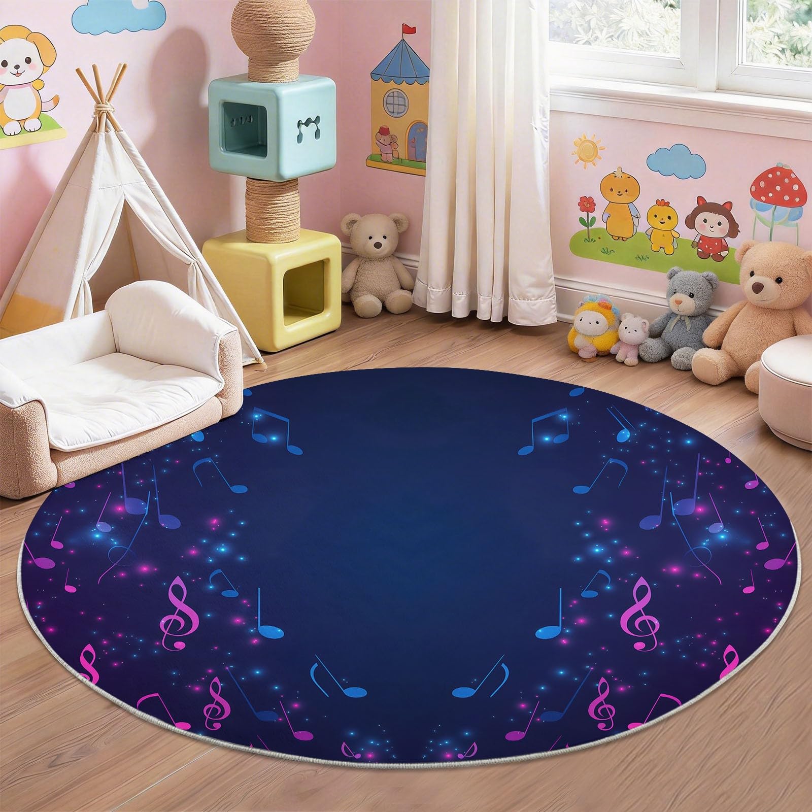 Tapis rond bleu musique et étoiles pour chambre d'enfant doux à poils courts