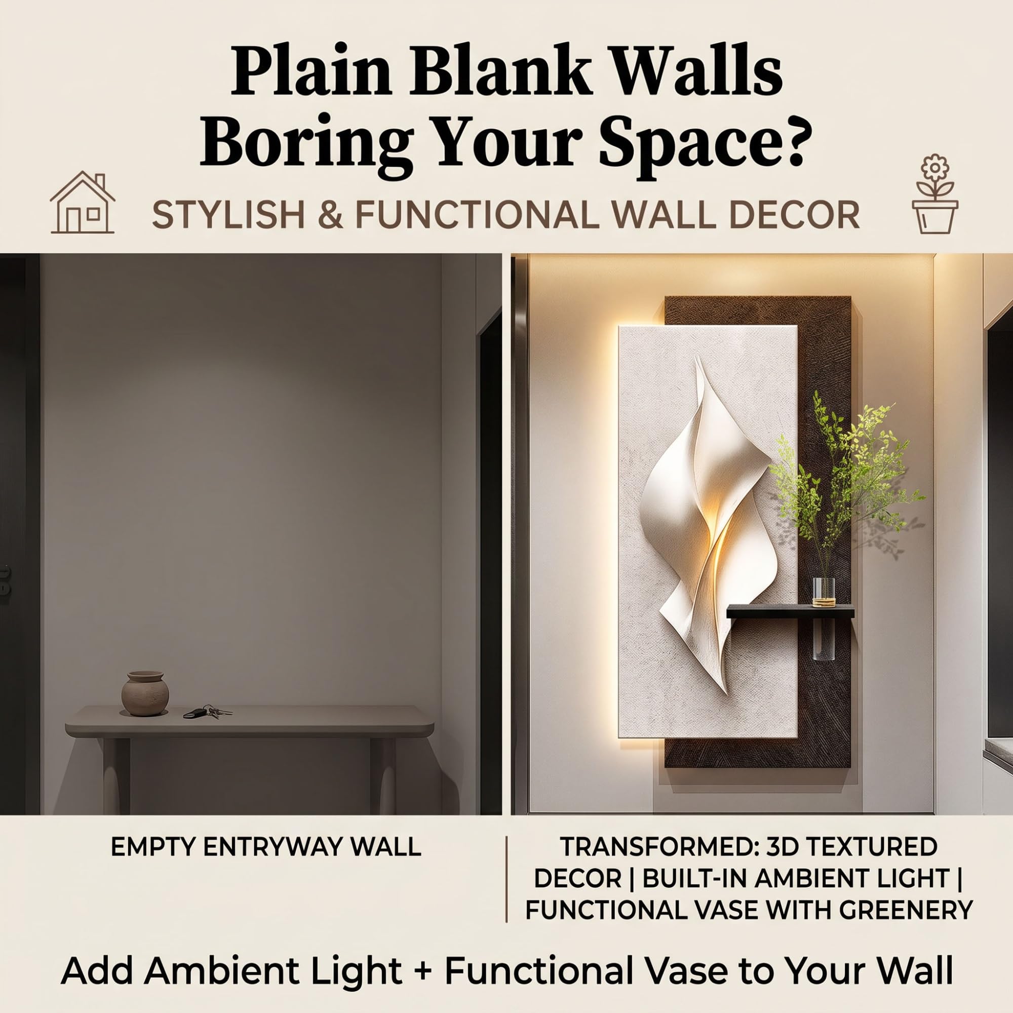 Wanddeko Wohnzimmer mit LED-Licht, 3D Sandstein-Relief & Vase | Handgefertigte Sandstein-Struktur, Integrierte LED-Beleuchtung, Kreative Vasen-Funktion(Brown B,70x140cm/27.5x55.1'')