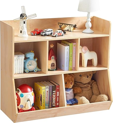 Estante de almacenamiento de madera para juguetes y libros con protector de bola rodante, cubos profundos, organizador Montessori de madera