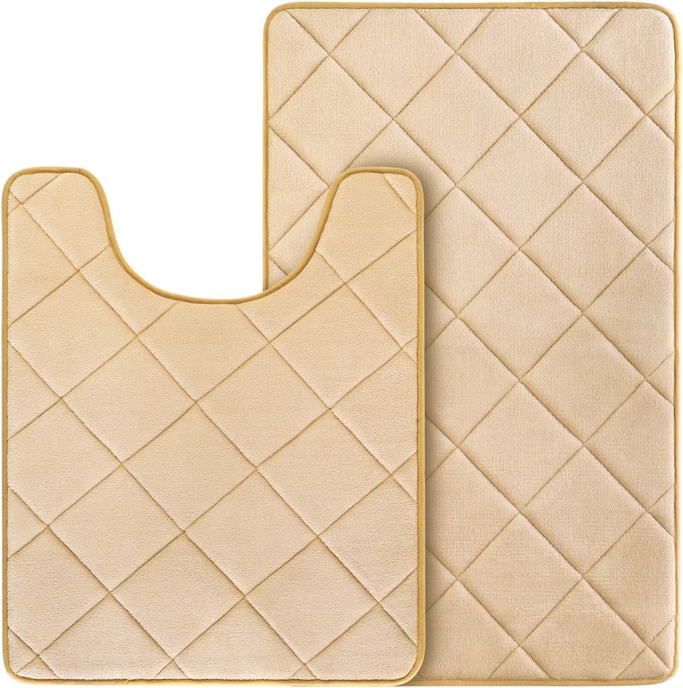 HOMEIDEAS Memory Foam Bath Mat Set, Bathroom Rugs Sets 2 Piece, Thick, Soft, Absorbent Contour Bath Rugs for Toilet, Non Slip, Dry Fast Bathroom Floor Mat, 20"x32" + U Shaped 20"x24", Beige