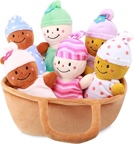 Cesta de felpa para bebé, suave, multicultural, sensorial, juego de 6 piezas intercambiables, ropa intercambiable, figuras de felpa para todas las