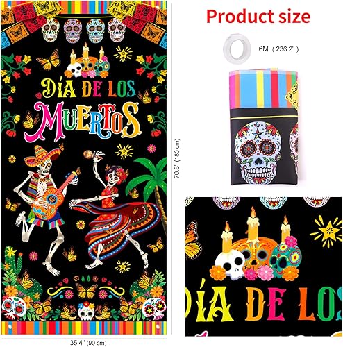Miniatura 3 de HOWAF Dia De Los Muertos - Cubierta para puerta, decoración de fiesta del Día de los Muertos, pancarta de bienvenida con calavera de azúcar y